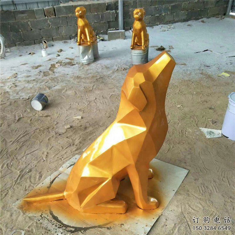 狼雕塑 幾何切面動(dòng)物小品  戶外不銹鋼噴漆狼雕塑廠家