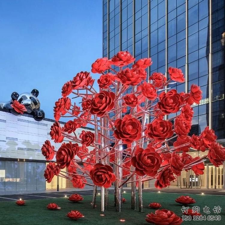 現(xiàn)代玫瑰花雕塑廠家 大型別墅區(qū)擺件 烤漆不銹鋼玫瑰花雕塑廠