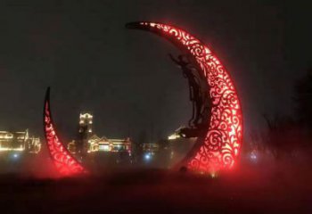 公園月亮雕塑效果圖，噴砂發(fā)光雕塑，鍛造工藝制作