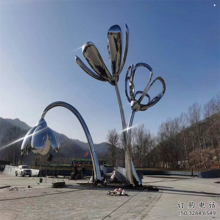 鏡面喇叭花雕塑，廣場花卉雕塑，美陳藝術(shù)建筑系列