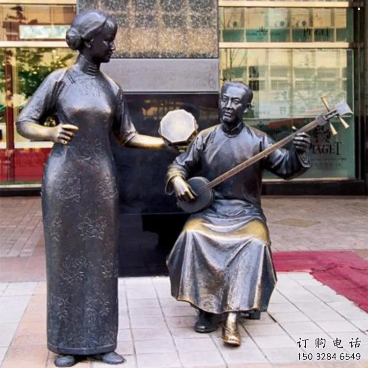 拉二胡雕塑觀賞型，公園小品，別墅民俗人物雕塑生產(chǎn)商
