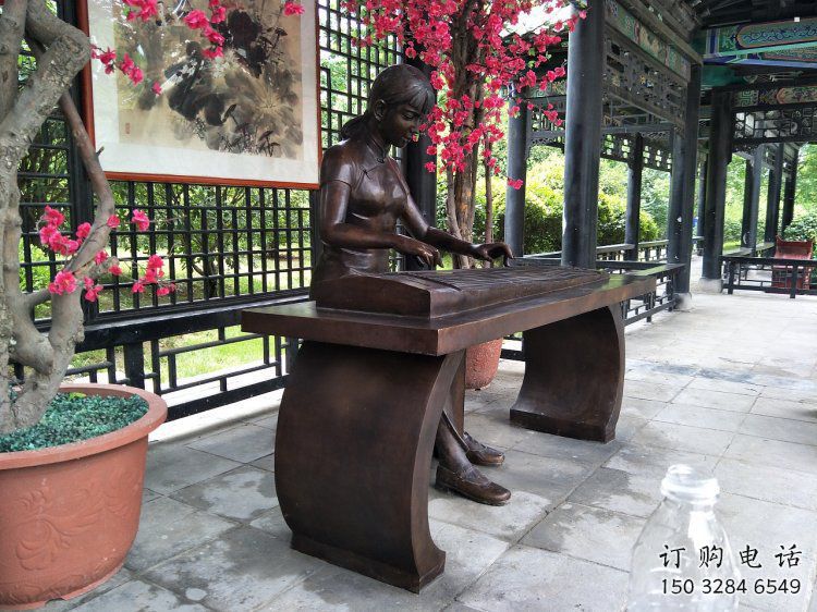 彈古箏雕塑供給，戶外雕塑，景觀民俗人物雕塑選用