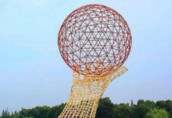 火球雕塑定制，市標雕塑，鏤空手托火球雕塑廠家