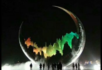 城市月牙雕塑，網(wǎng)格體育雕塑，古銅效果