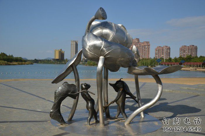 三明蓮蓬嬉戲雕塑，城市植物景觀雕塑，不銹鋼鏡面效果