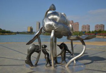 三明蓮蓬嬉戲雕塑，城市植物景觀雕塑，不銹鋼鏡面效果