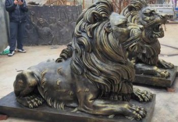 海北大型趴獅雕塑，仿銅動物雕塑，玻璃鋼獅子雕塑制作